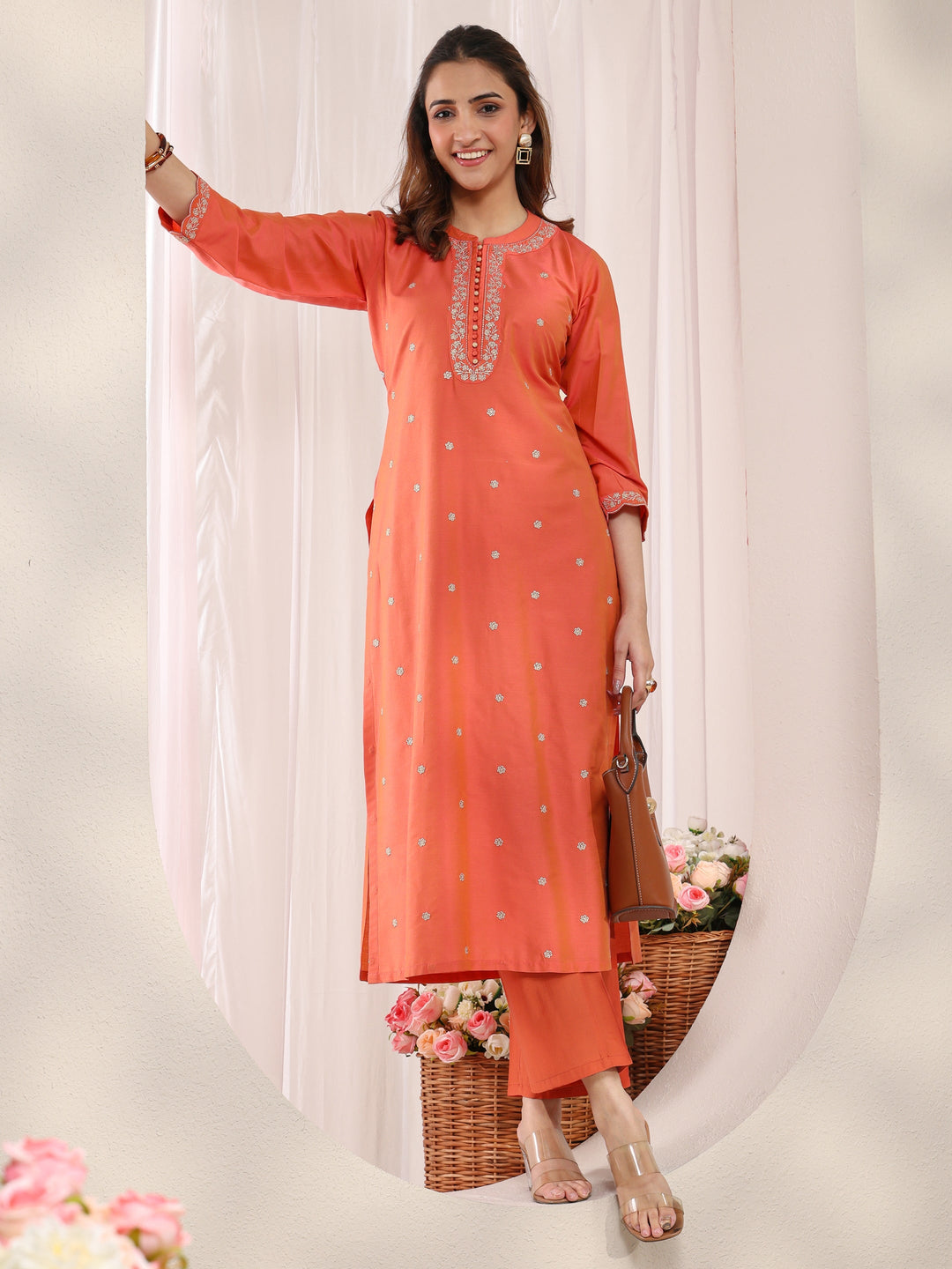 Orange Embellished Silk Blend Straight Kurta