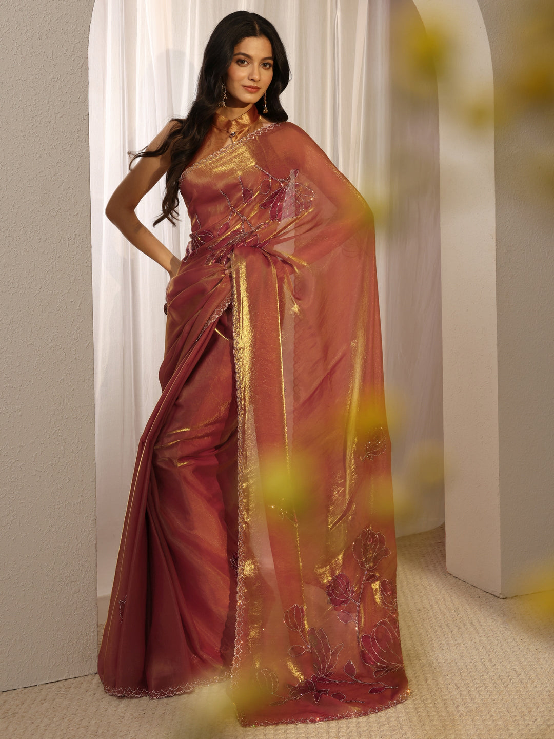 Libas Orange Embellished Tissue Saree With Unstiched Blouse Piece