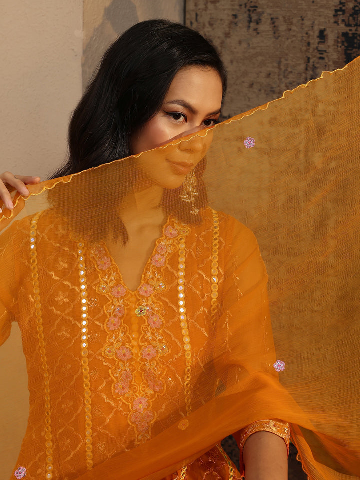 Orange Embroidered Chiffon Straight Suit Set With Dupatta