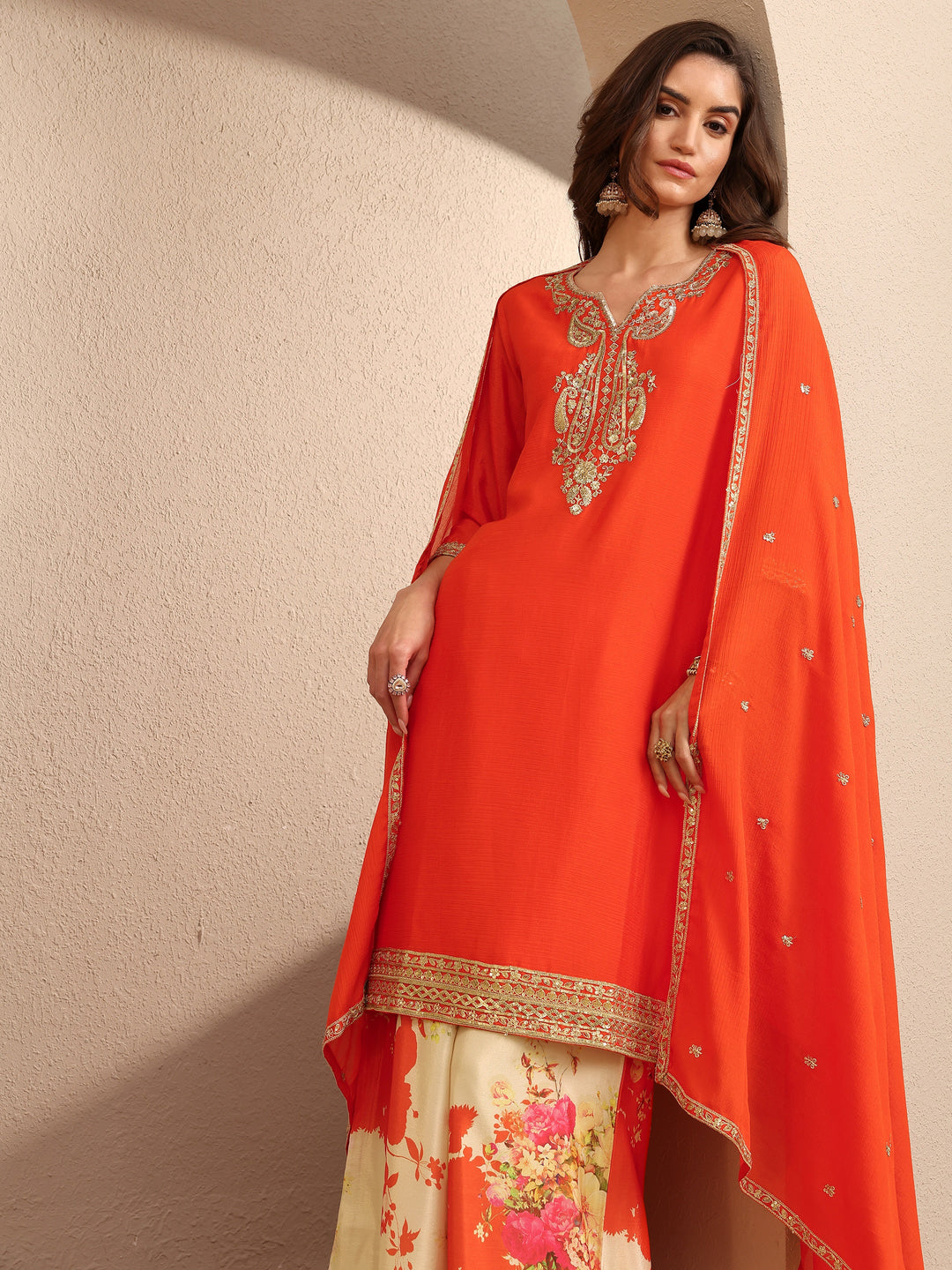 Orange Embroidered Chinon Straight Suit Set With Dupatta