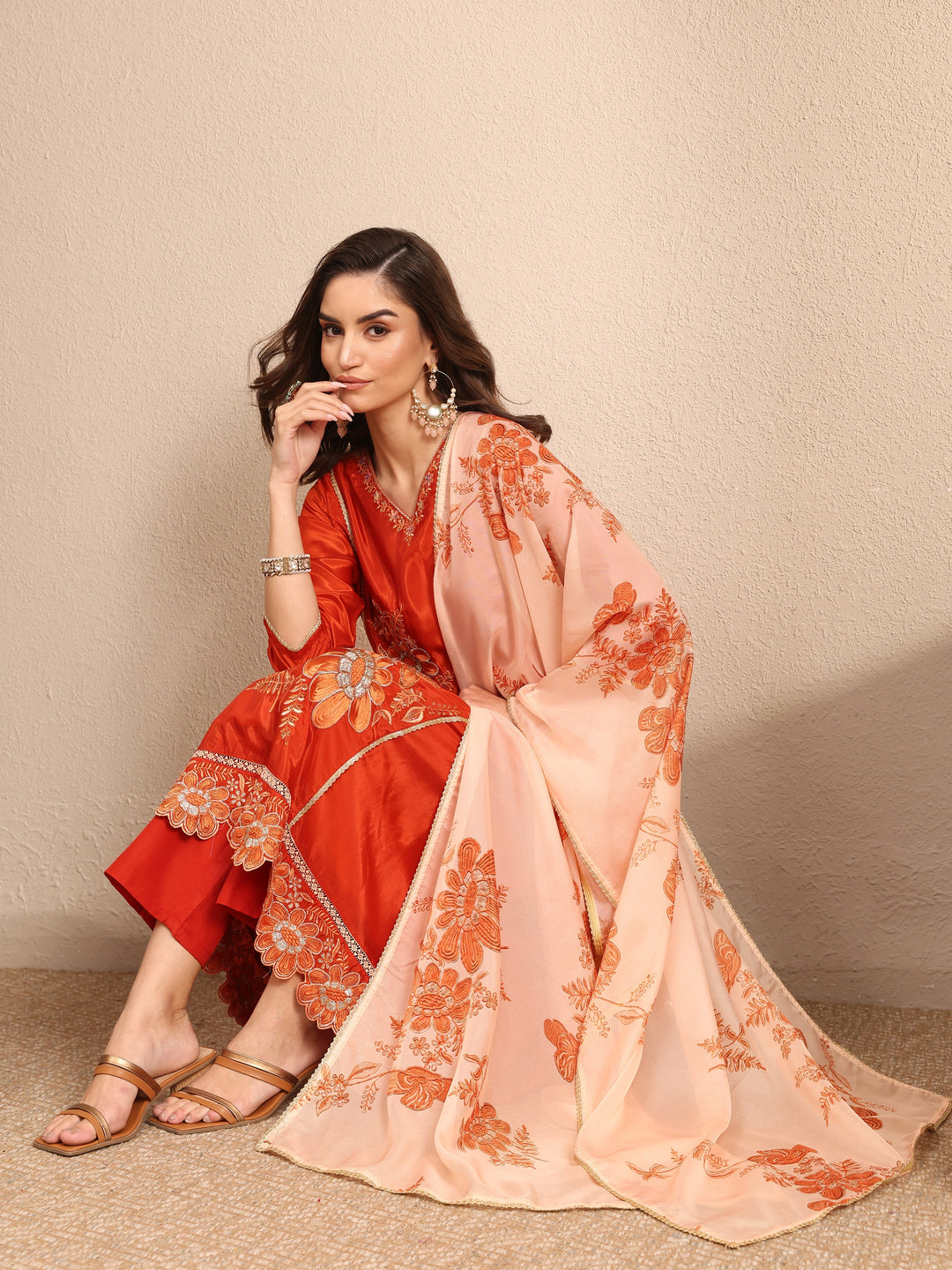 Orange Embroidered Crepe A-line Suit Set With Dupatta