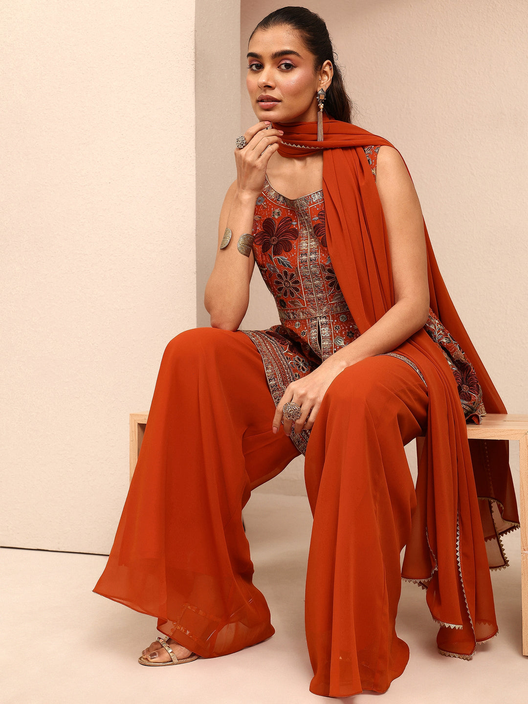 Orange Embroidered Georgette A-Line Suit Set With Dupatta