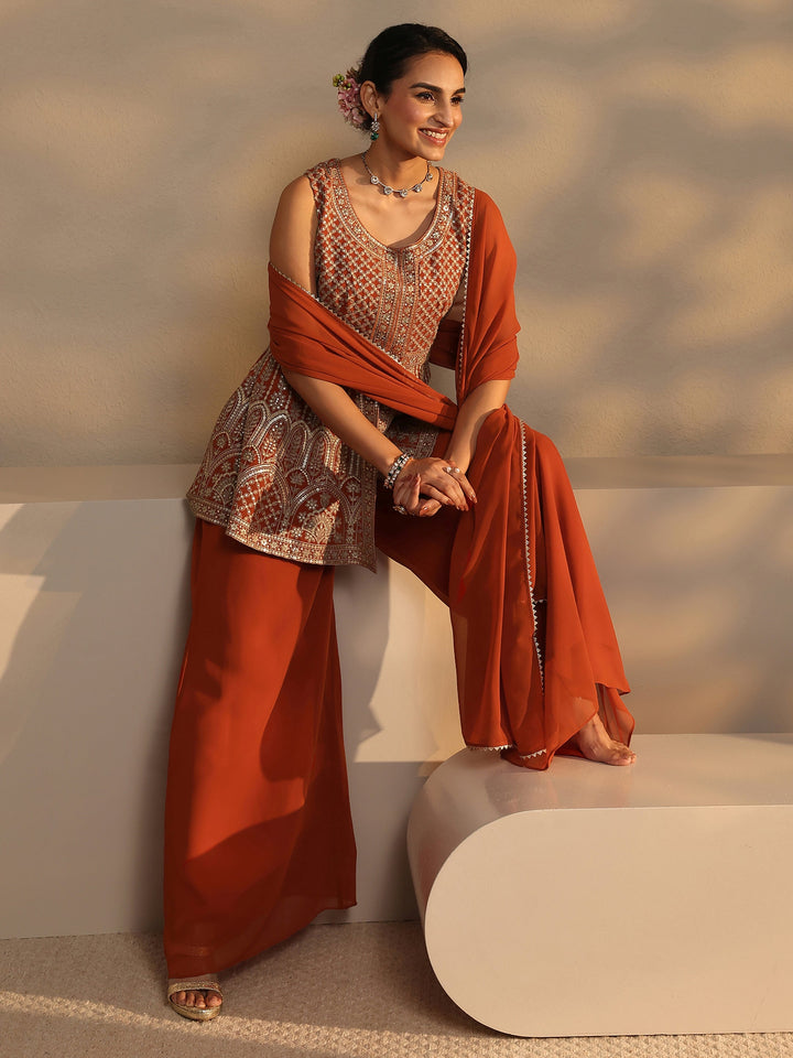 Orange Embroidered Georgette Peplum Suit Set With Dupatta