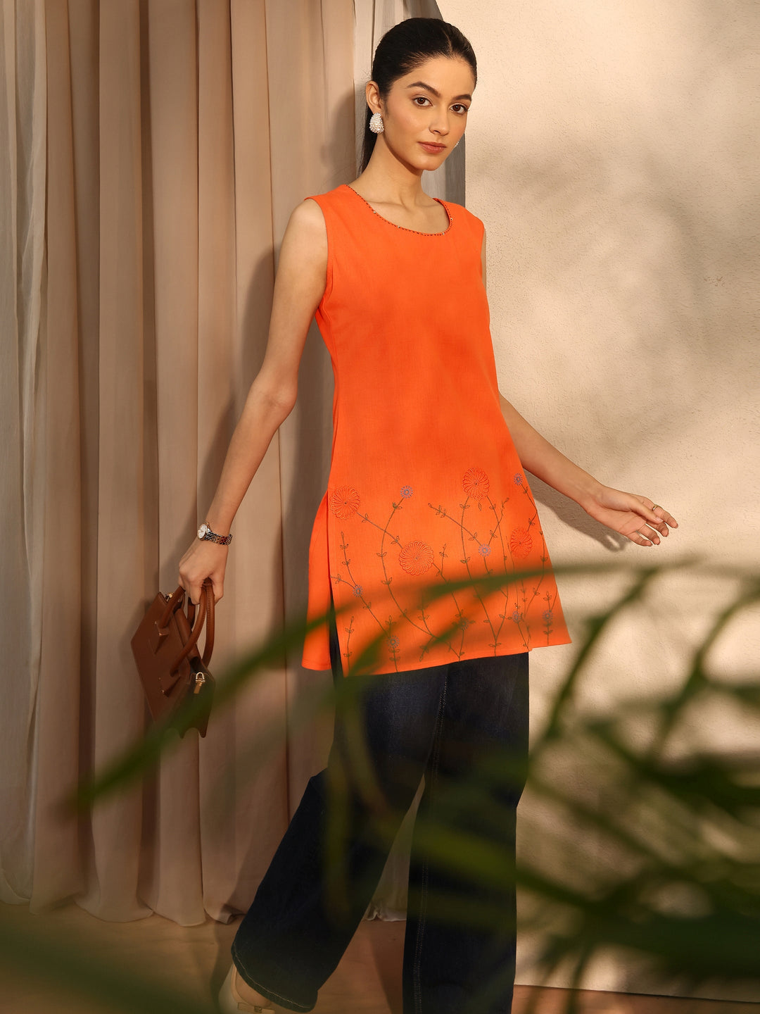 Orange Embroidered Linen Straight Short Kurti