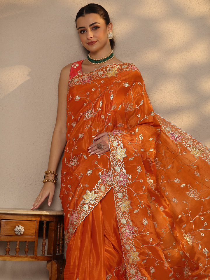 Orange Embroidered Silk Blend Saree With Unstitched Blouse Piece