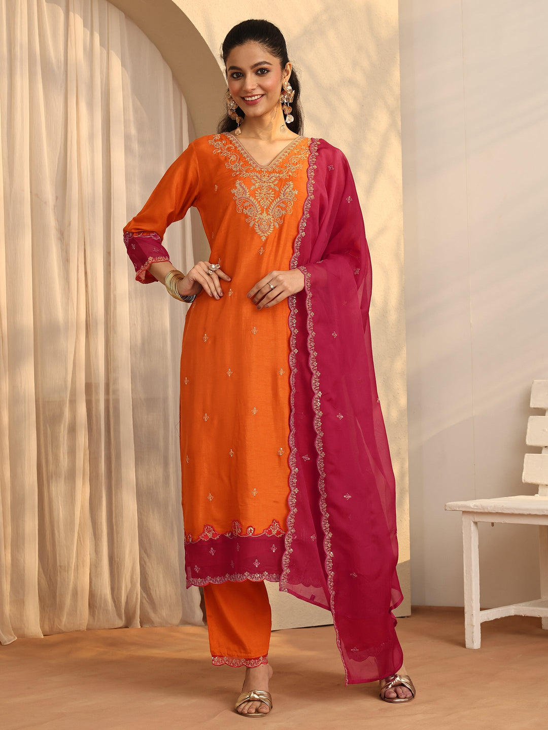 Orange Embroidered Silk Blend Straight Suit Set With Dupatta