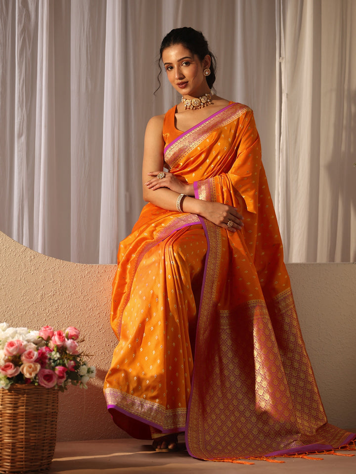 Libas Orange Kanjeevaram Silk Blend Saree