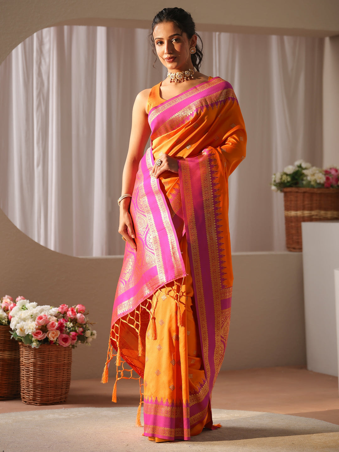 Orange Ethnic Motif Self Design Silk Blend Saree