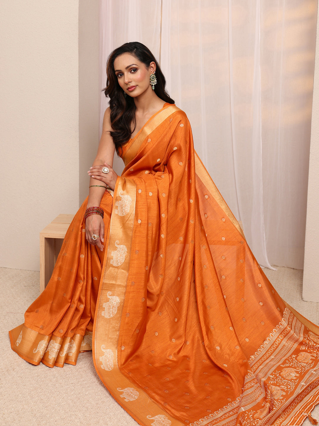 Orange Ethnic Motif Woven Design Silk Blend Saree 
With Unstitched Blouse Piece
