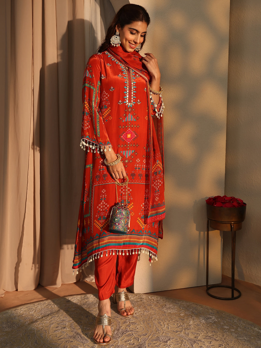 Orange Ethnic Motifs Printed Silk Crepe Straight Suit Set With Dupatta