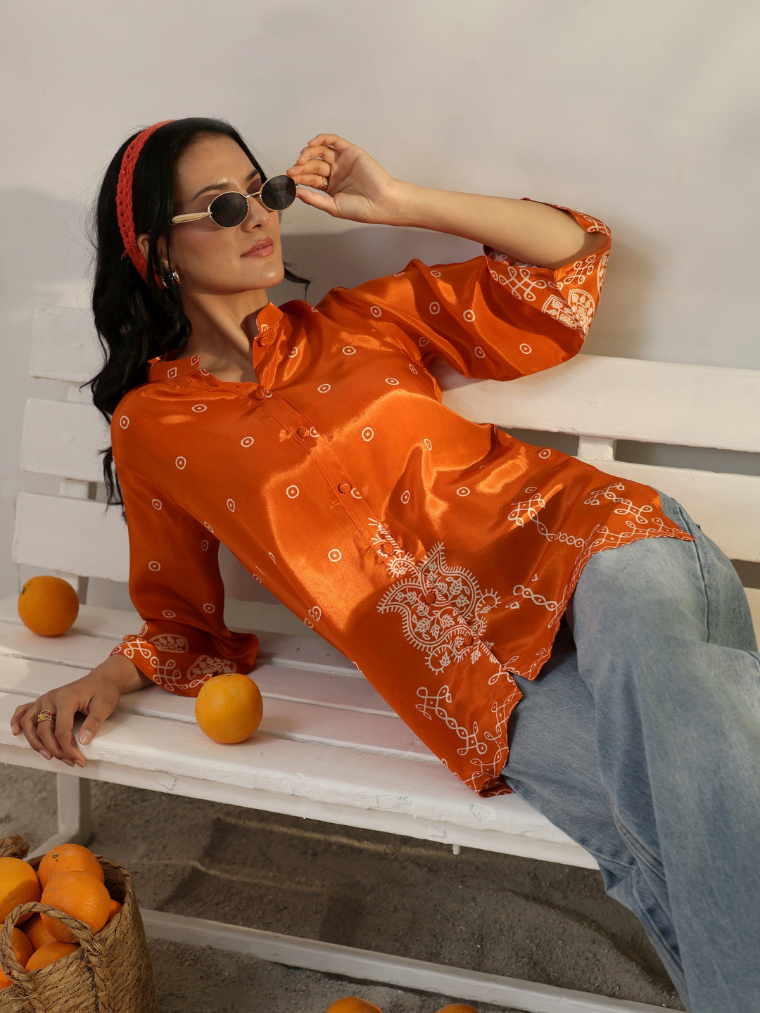 Orange Ethnic Printed Crepe Shirt
