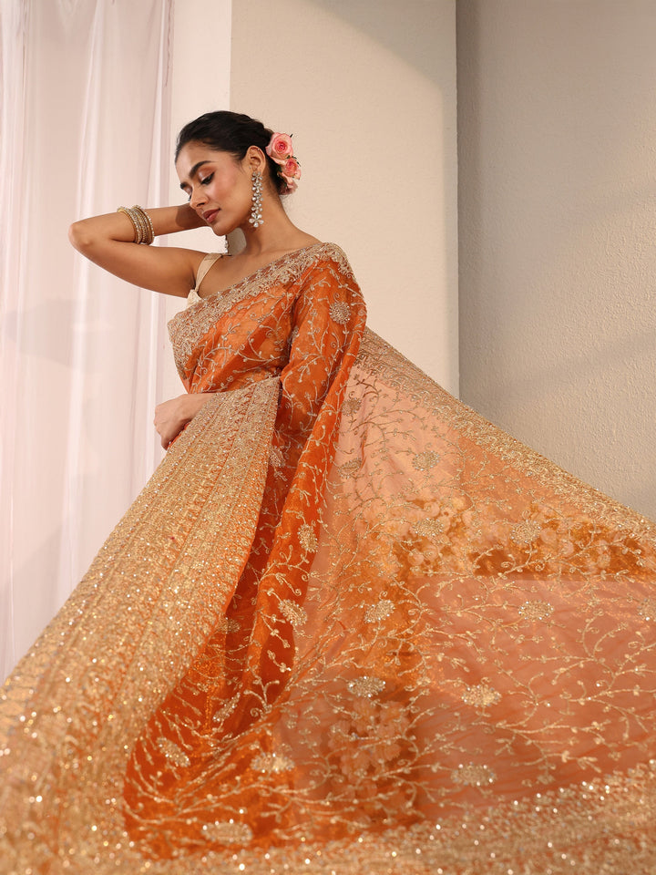 Libas Orange Floral Embellished Net Saree With Unstitched Blouse Piece