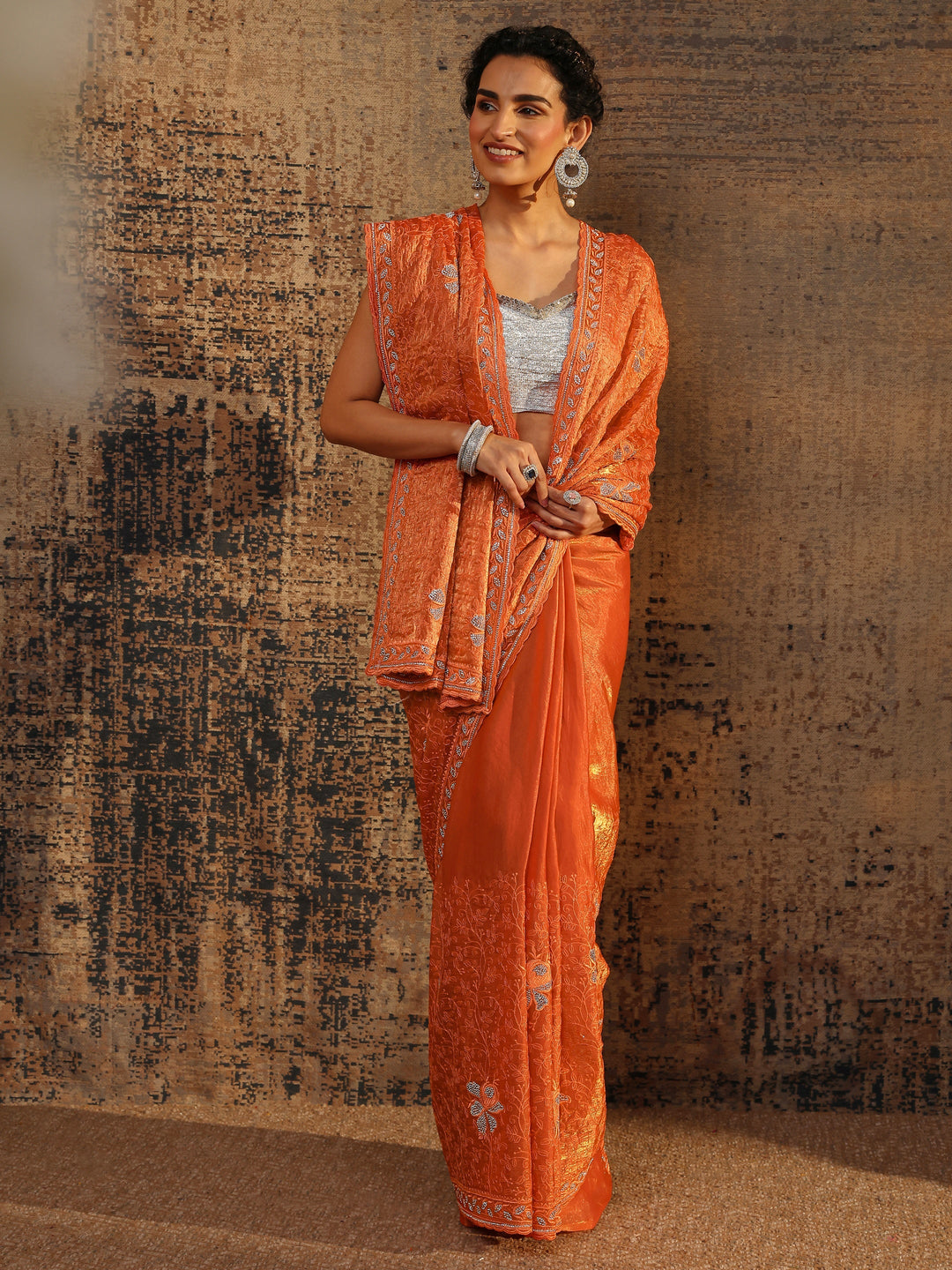 Orange Floral Embellished Tissue Saree With Unstitched Blouse Piece