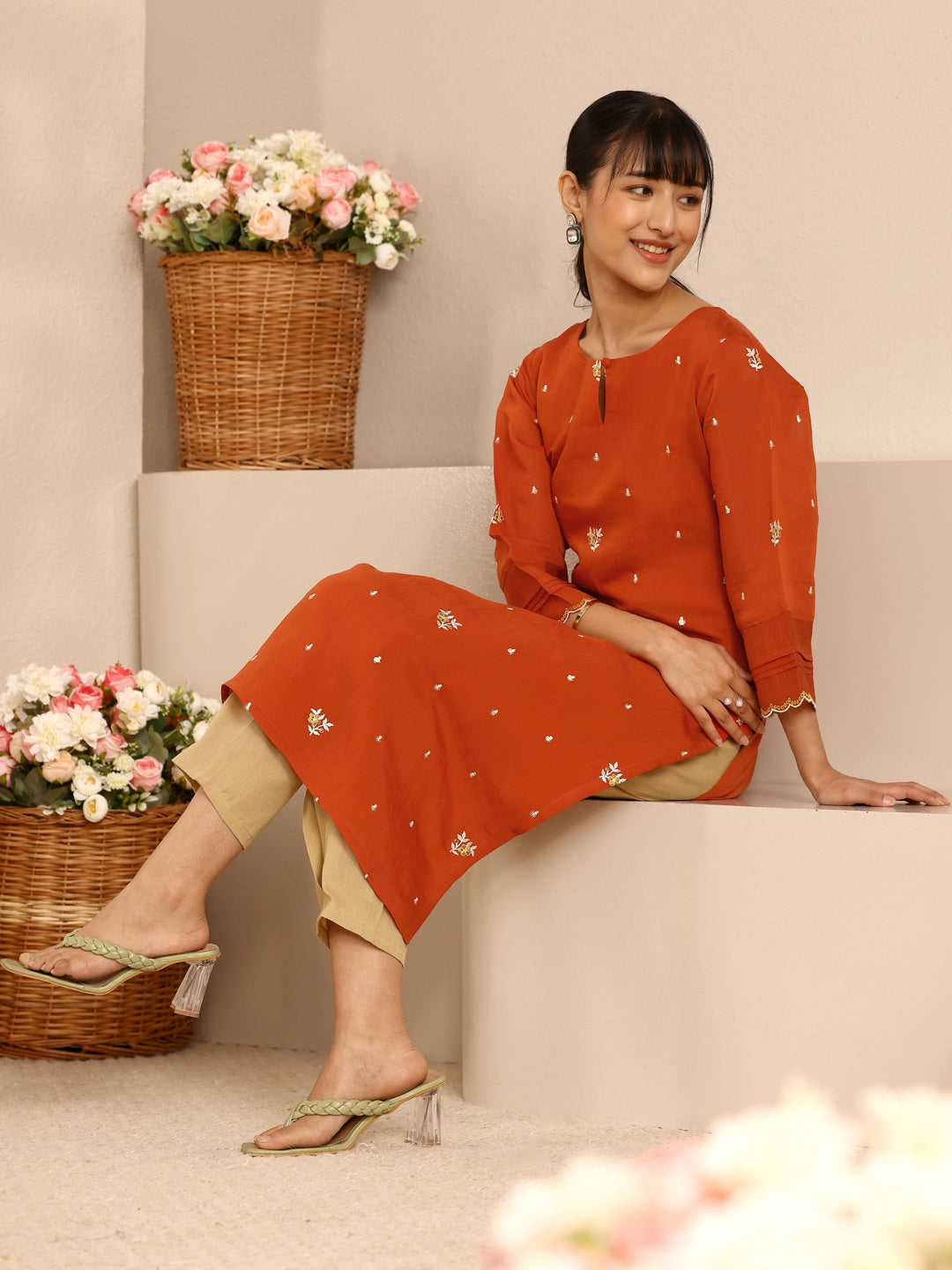 Orange Floral Embroidered Chanderi Cotton Straight Kurta