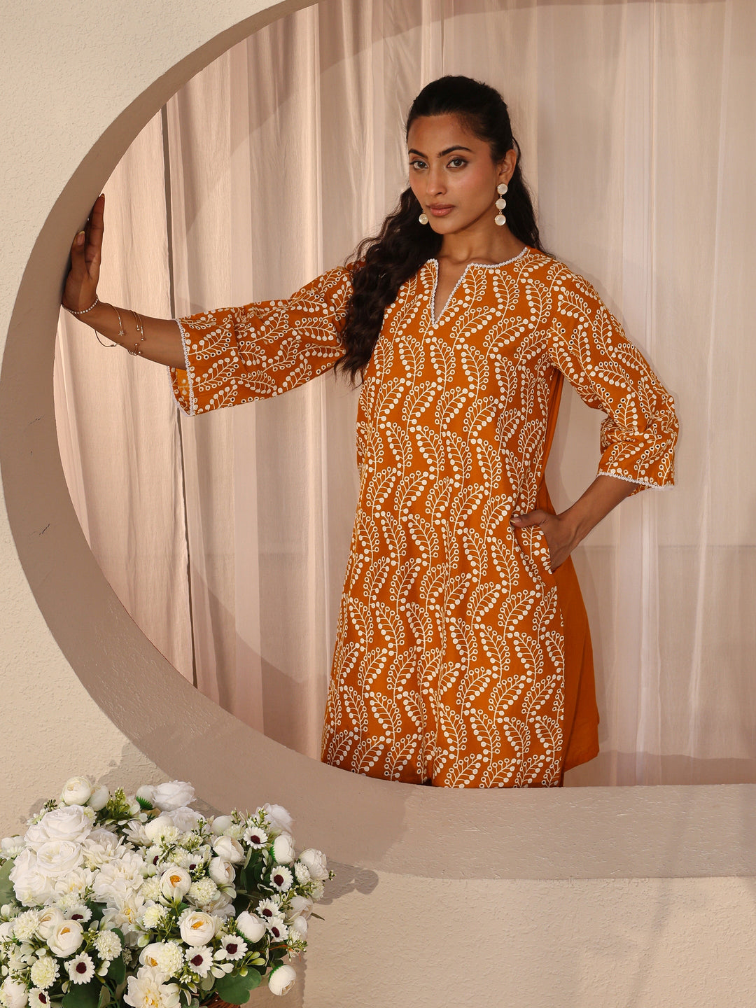 Orange Floral Embroidered Cotton Straight Kurta Set