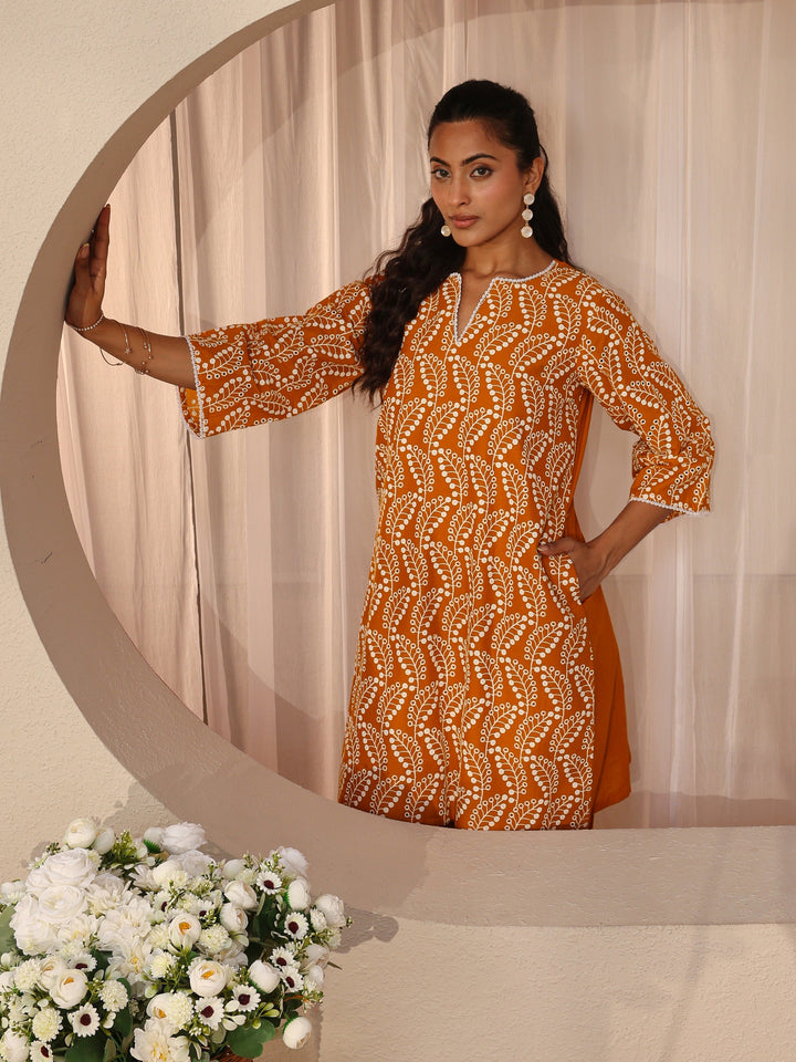 Orange Floral Embroidered Cotton Straight Kurta Set