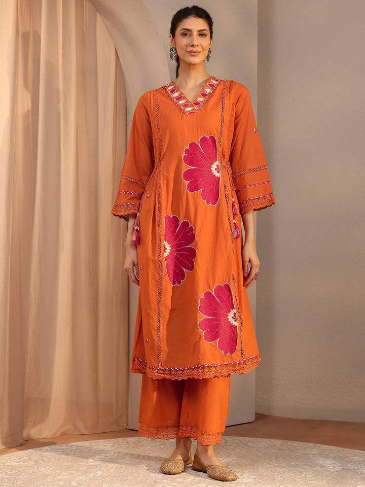 Orange Floral Embroidered Cotton Straight Suit Set With Dupatta