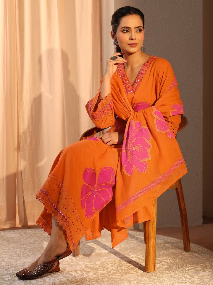 Orange Floral Embroidered Cotton Straight Suit Set With Dupatta