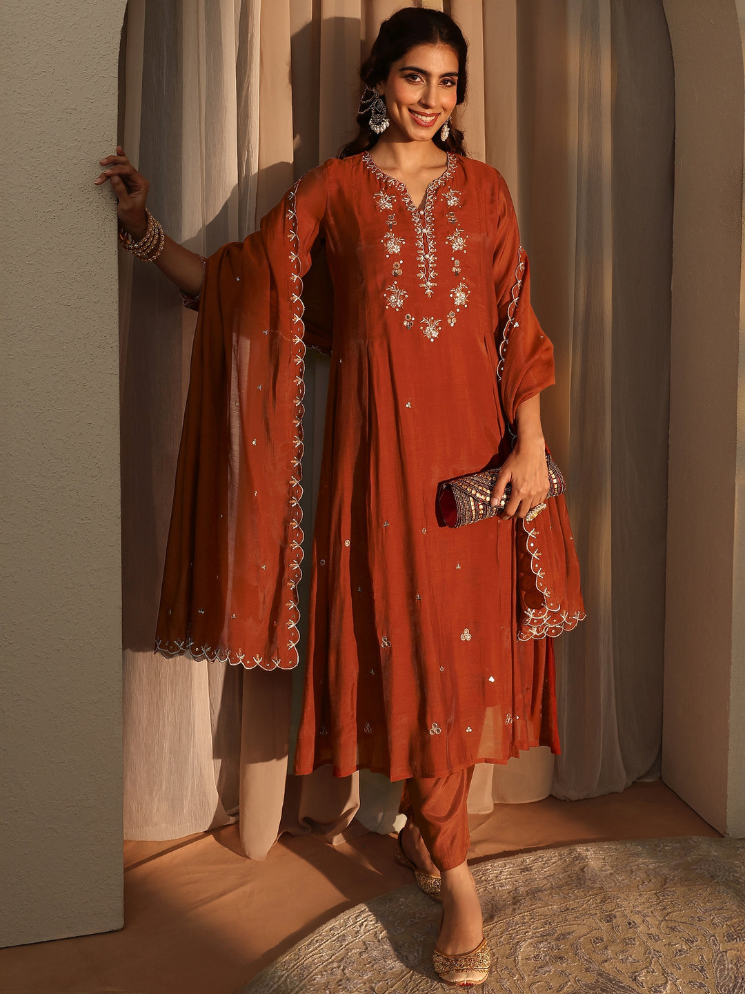 Orange Floral Embroidered Silk Blend A-Line Suit Set With Dupatta