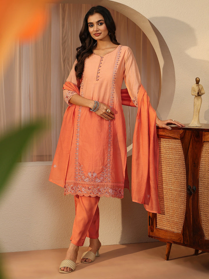 Orange Floral Embroidered Silk Blend Straight Suit Set