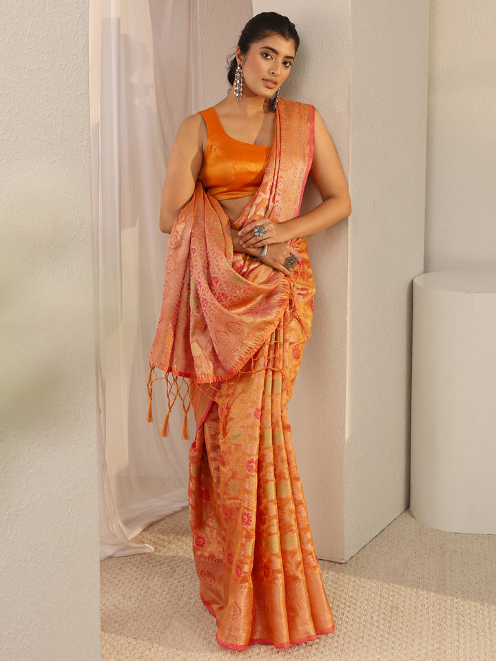 Orange Floral Woven Design Silk Blend Saree With Unstitched Blouse Piece