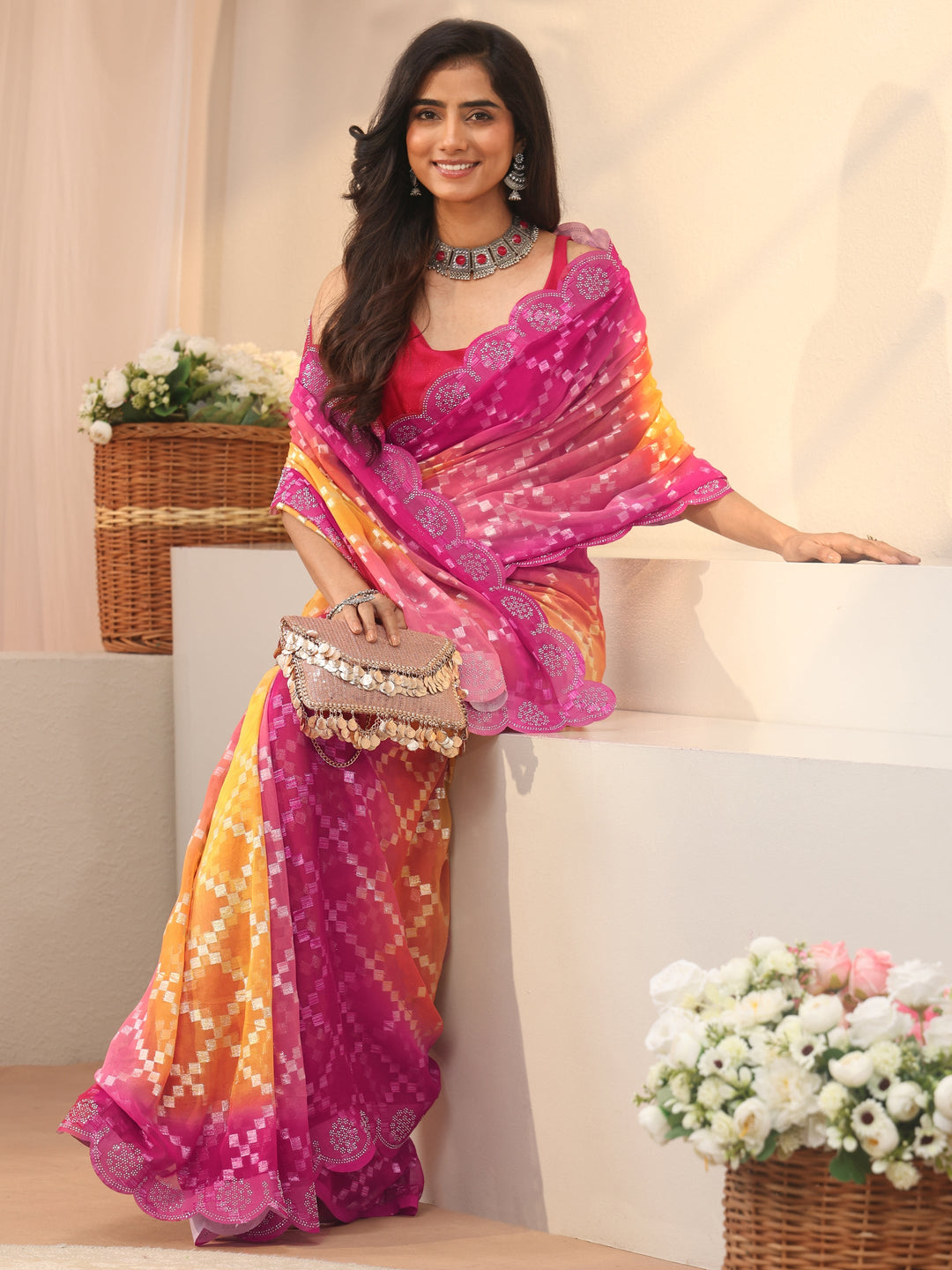 Orange Geometric Self Design Georgette Saree