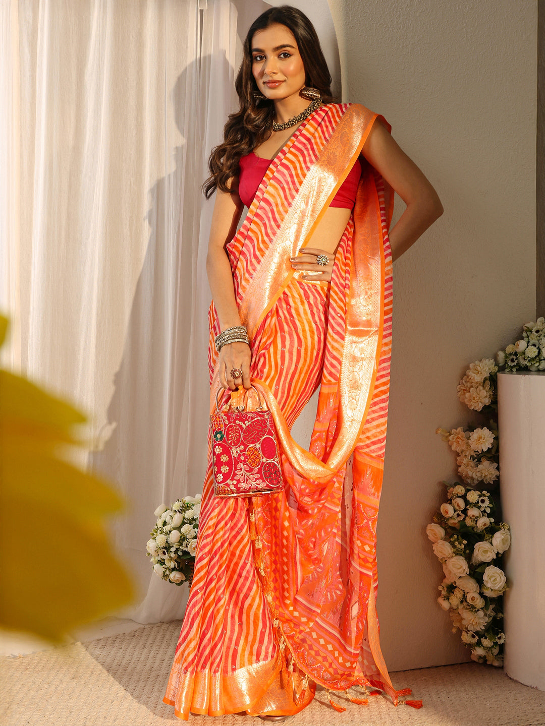 Orange Leheriya Printed Chiffon Saree With Unstitched Blouse Piece