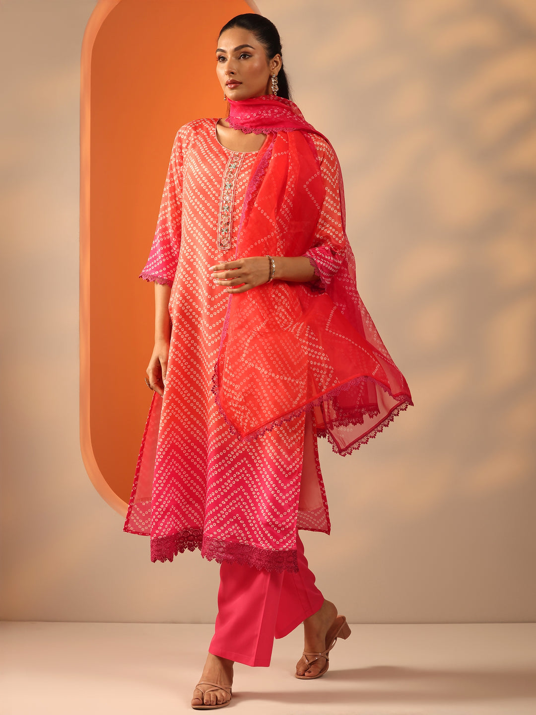 Orange Printed Chinon Straight Suit Set With Dupatta