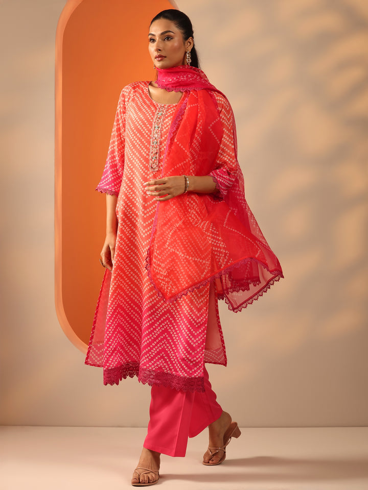 Orange Printed Chinon Straight Suit Set With Dupatta