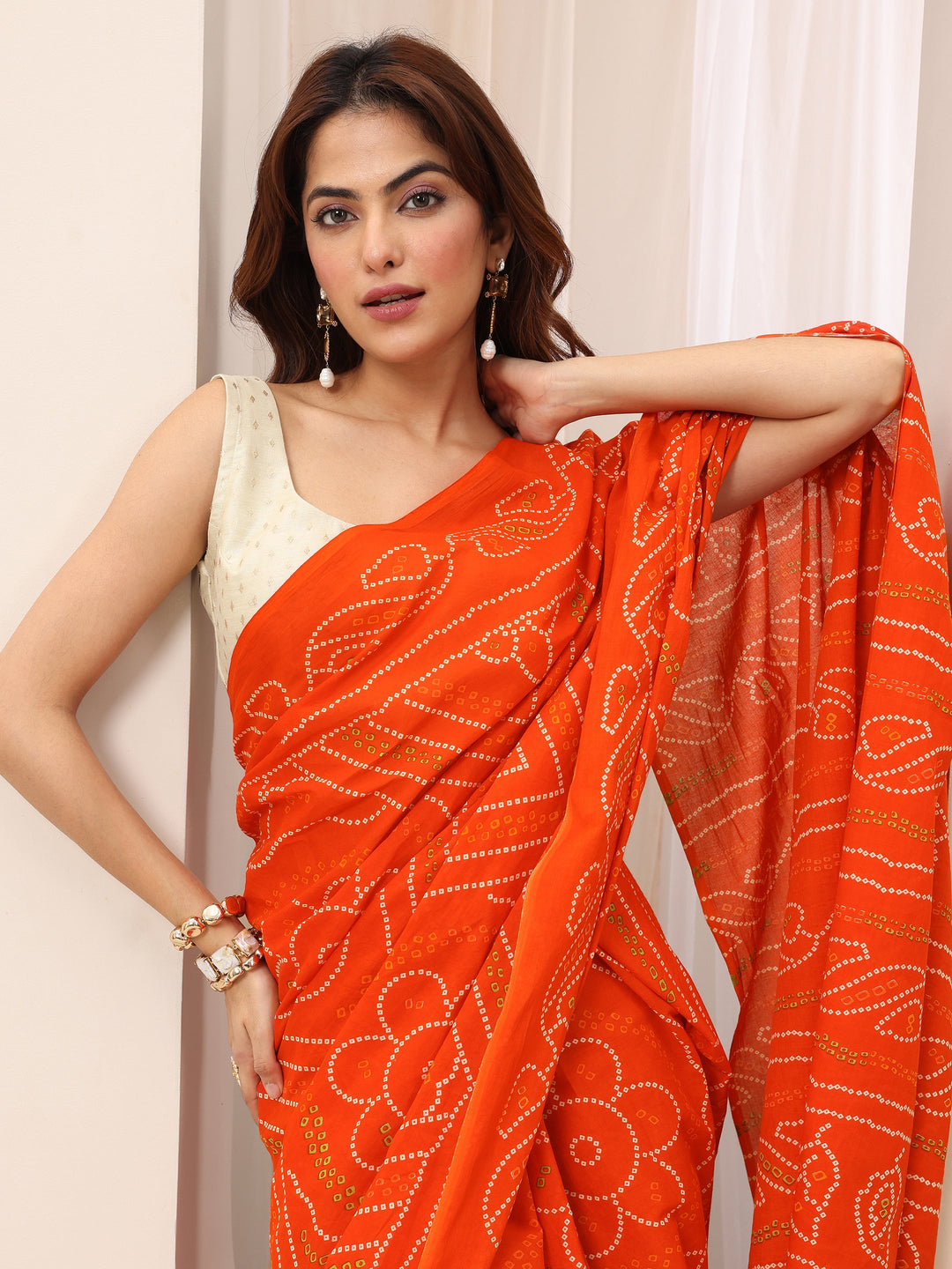 Orange Printed Cotton Saree With Unstitched Blouse