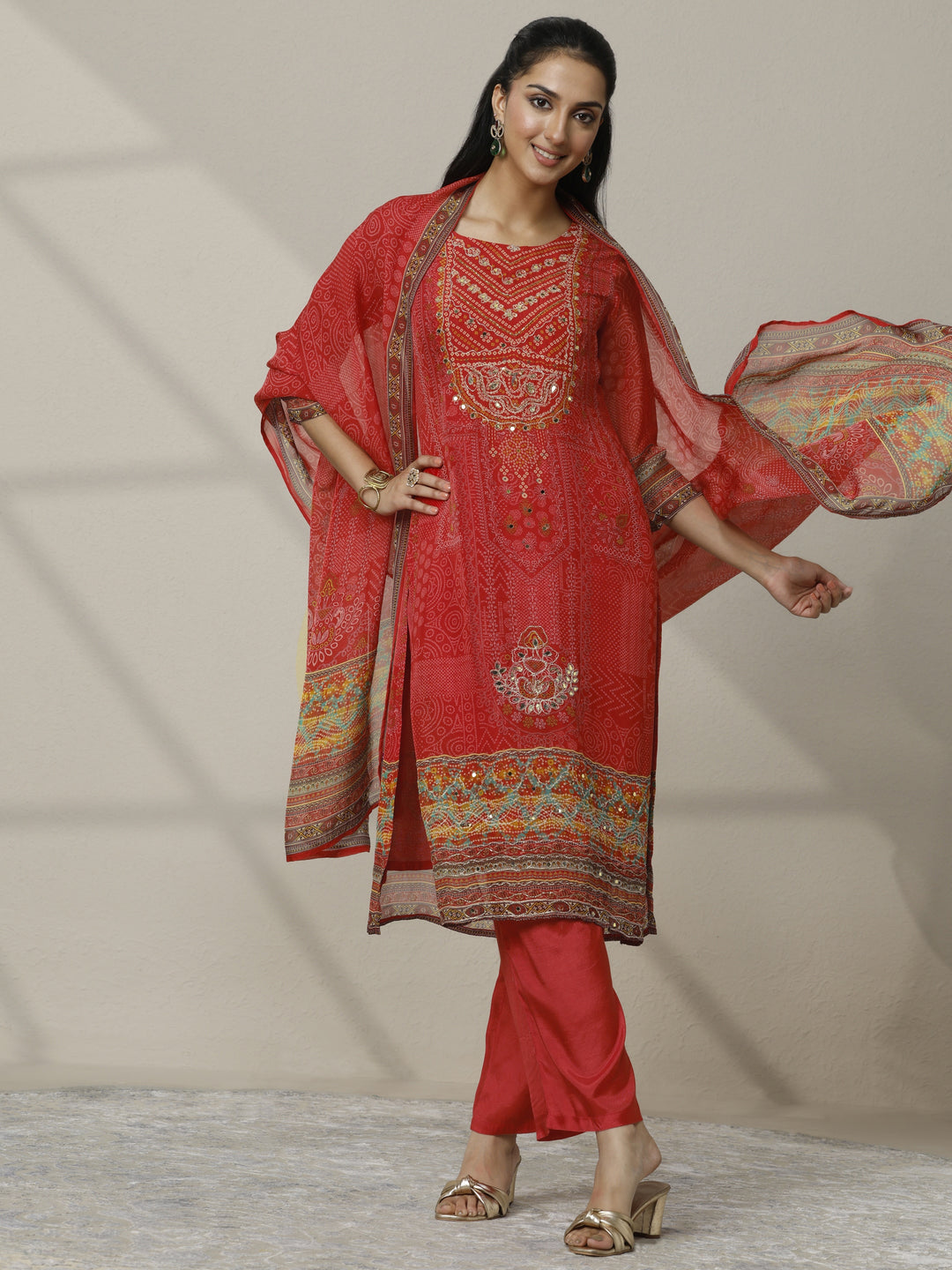 Orange Printed Organza Straight Suit Set With Dupatta