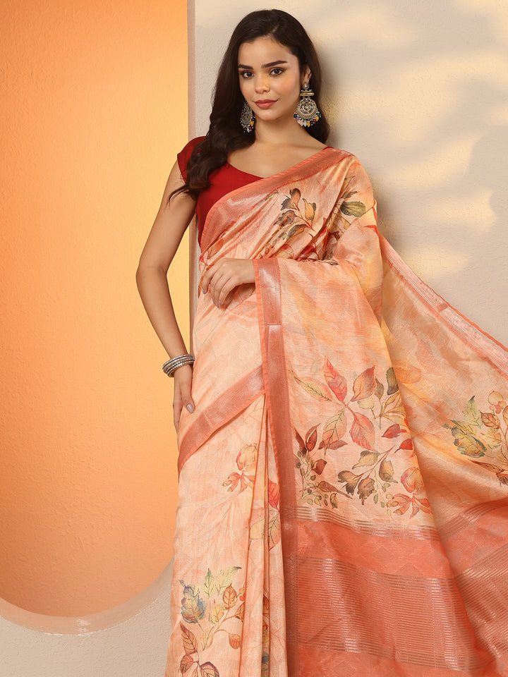 Orange Printed Silk Blend Saree With Unstitched Blouse Piece