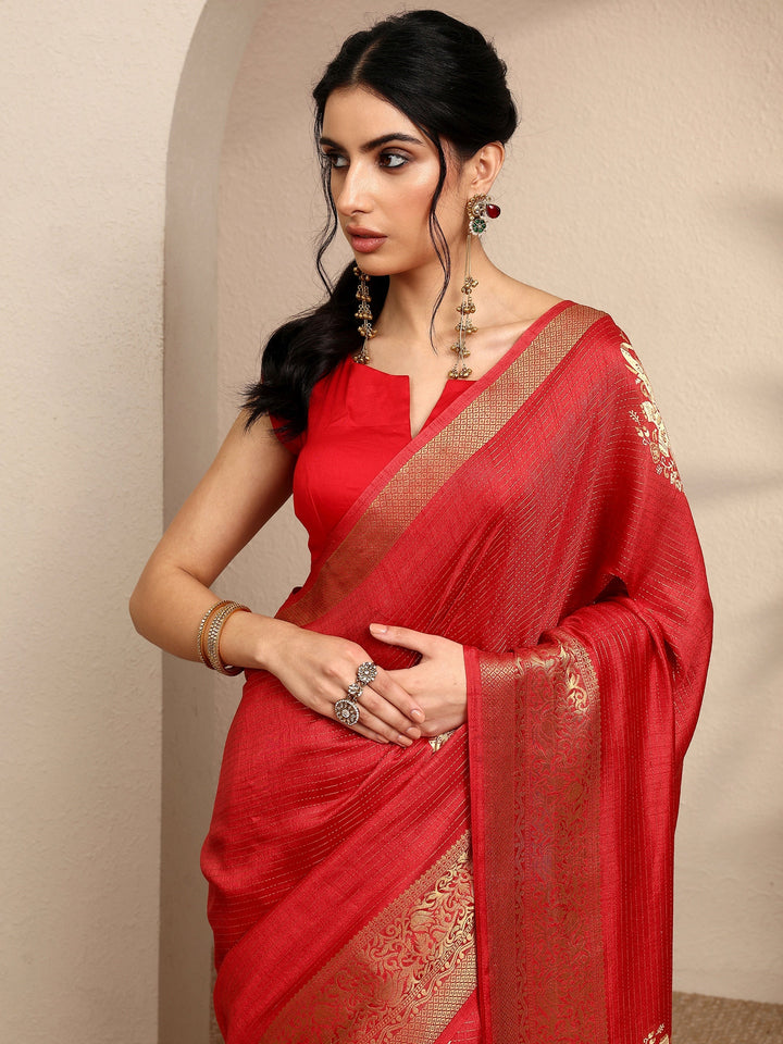 Orange Printed Silk Blend Saree With Unstitched Blouse Piece