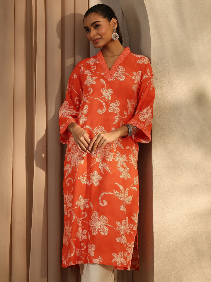 Orange Printed Silk Blend Straight Kurta