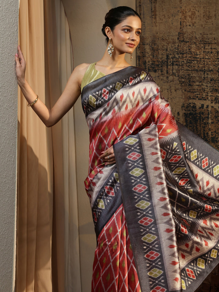 Orange Printed Silk Saree With Unstitched Blouse Piece