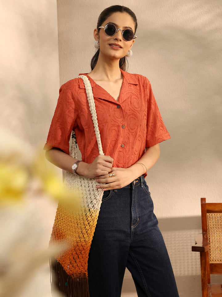 Orange Self Design Cotton Straight Shirt