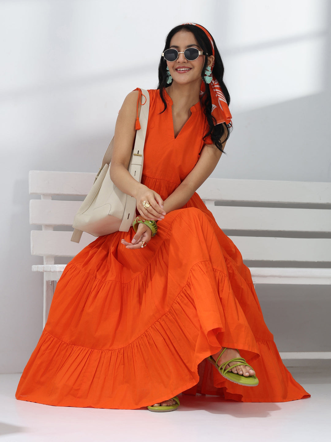Orange Solid Cotton A-Line One-Piece Tiered Dress