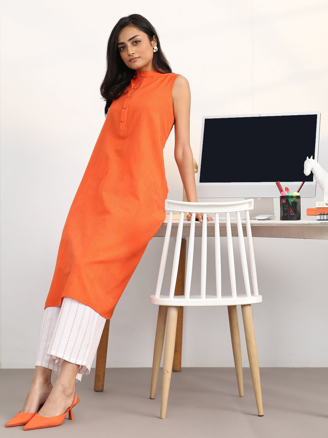 Orange Solid Cotton Blend A-Line Kurta Set