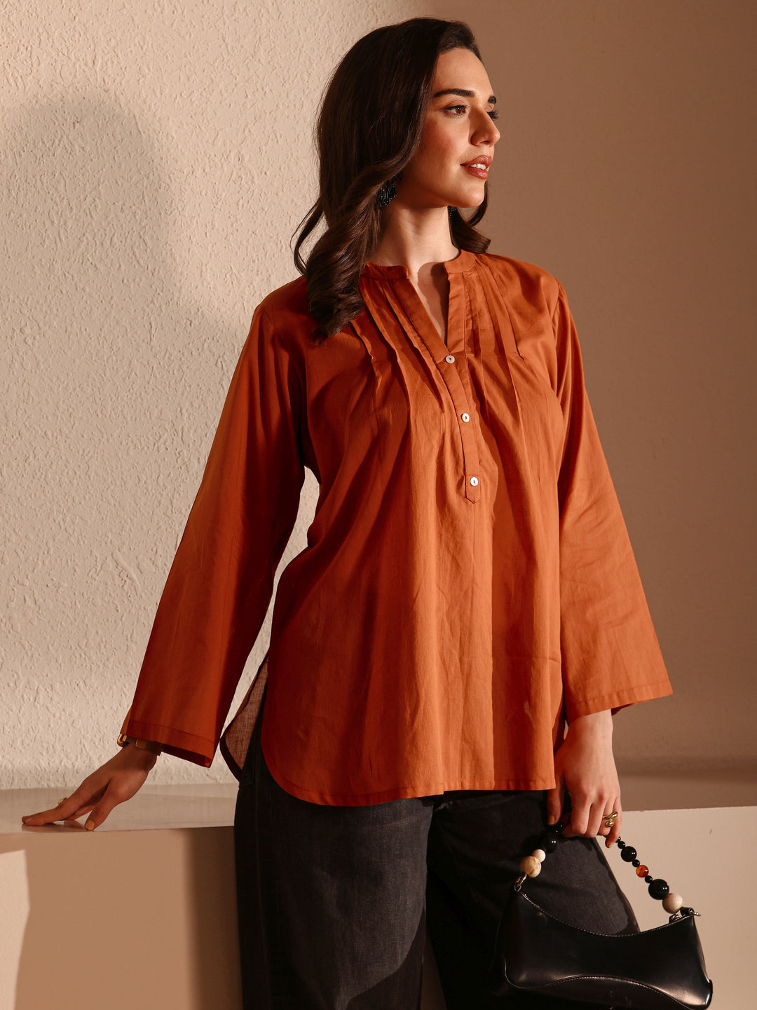 Orange Solid Solid Cotton Straight Short Kurti