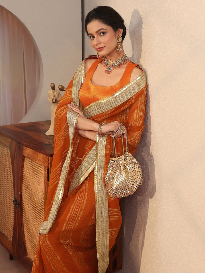 Orange Striped Textured Chiffon Saree