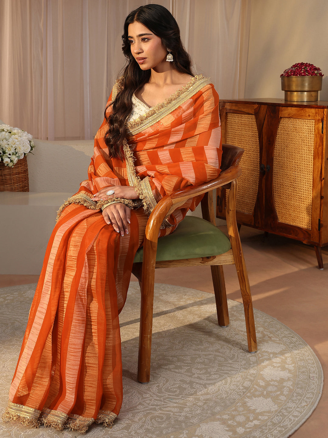 Orange Striped Tissue Saree