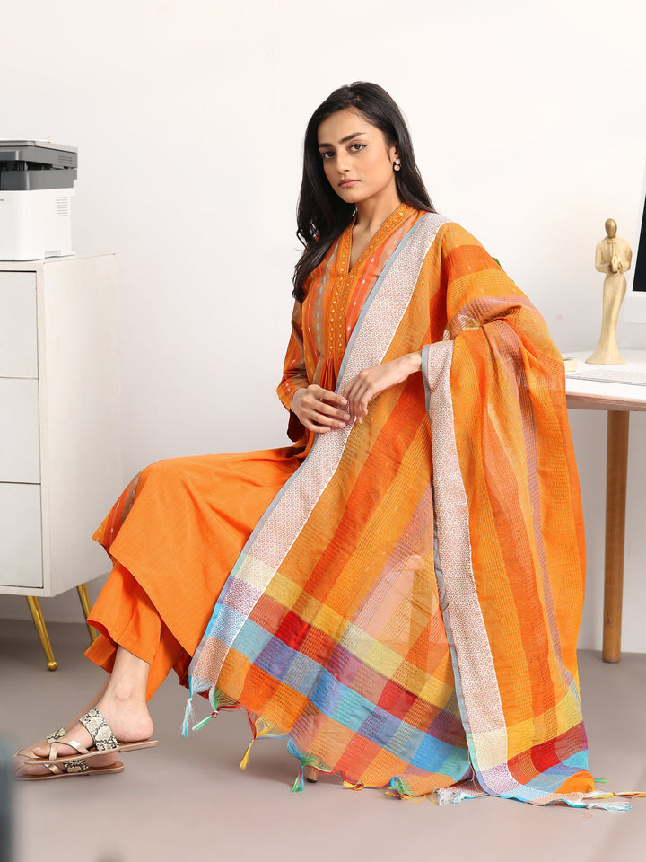 Orange Striped Woven Design Cotton Blend A-Line Suit Set With Dupatta