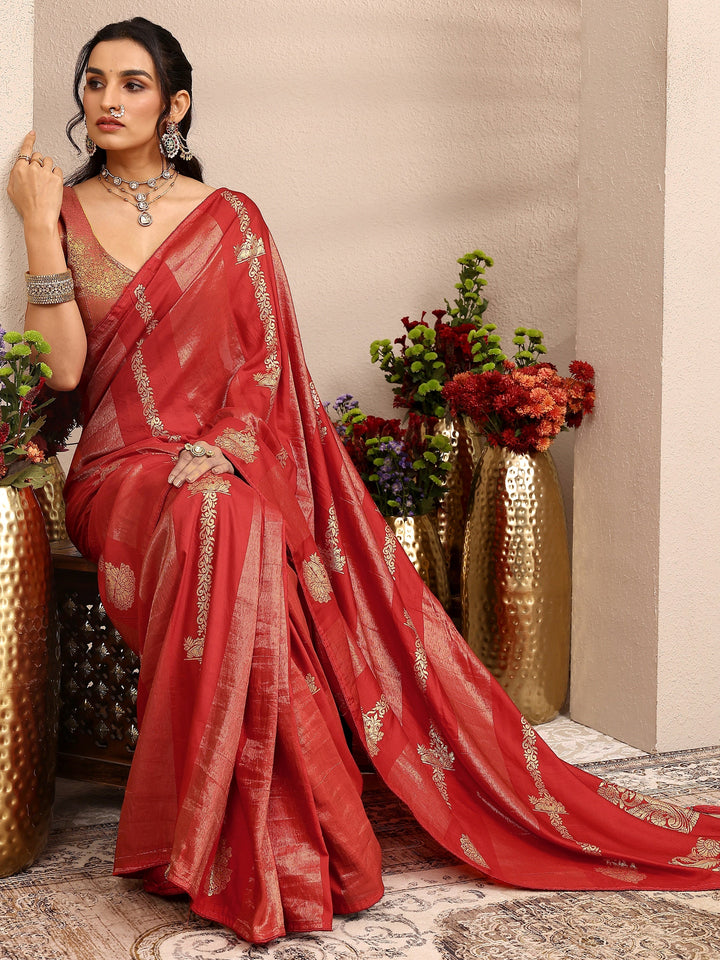 Orange Woven Design Banarsi Silk Blend Saree With Unstitched Blouse Piece