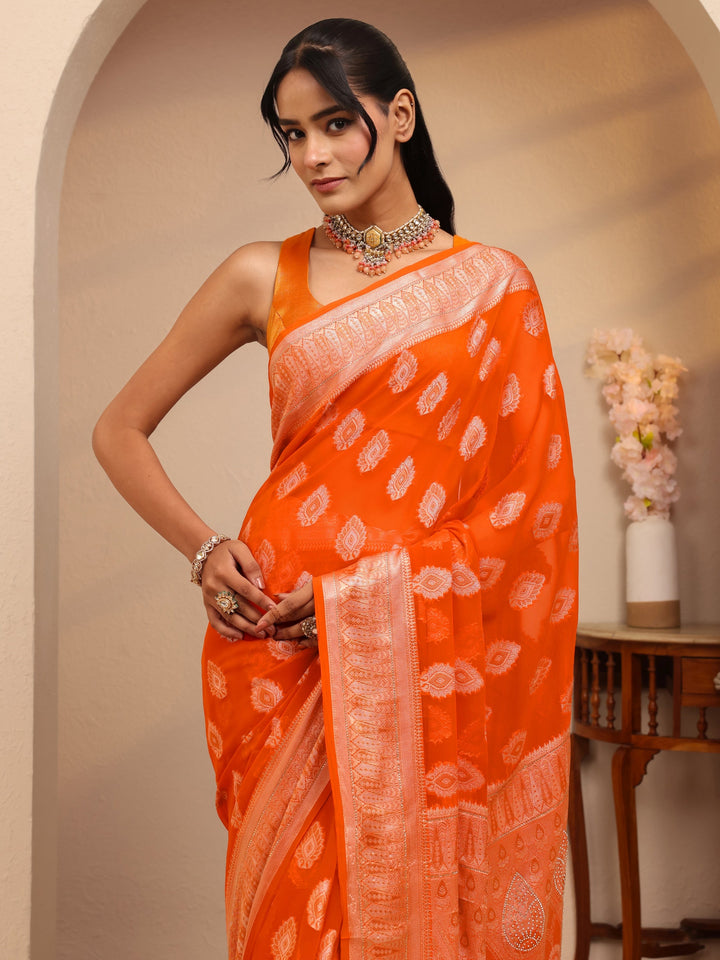 Libas Orange Woven Design Chiffon Saree