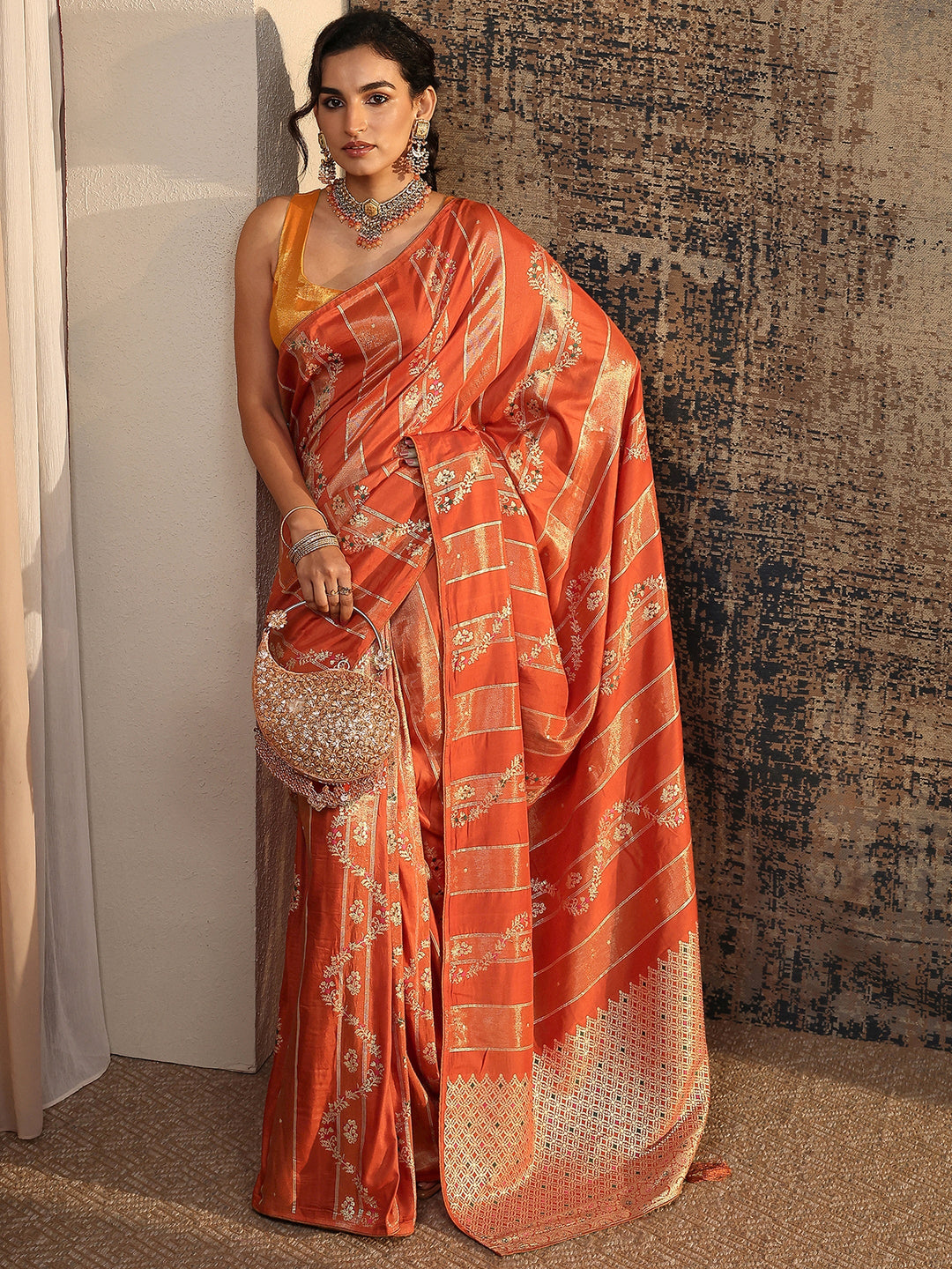 Orange Woven Design Silk Blend Saree With Unstitched Blouse Piece