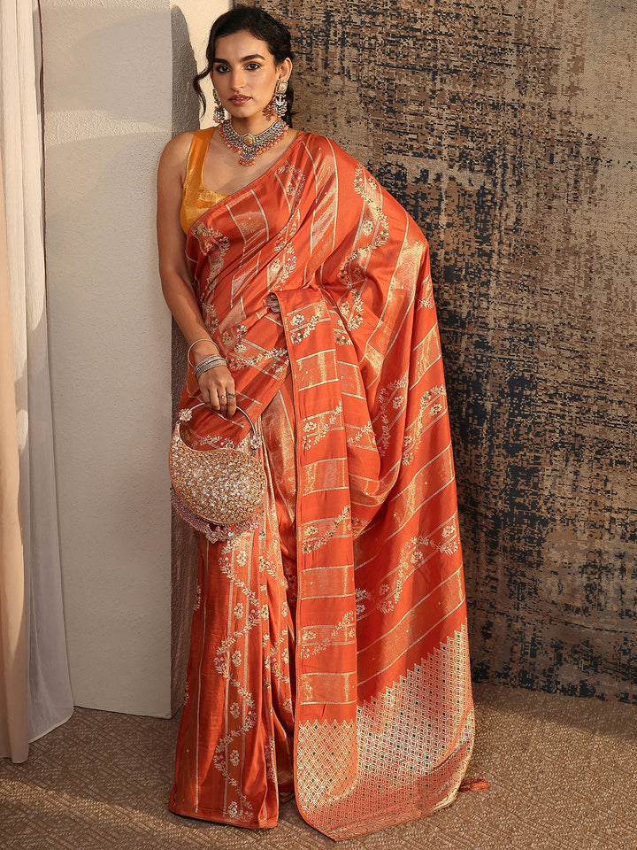 Orange Woven Design Silk Blend Saree With Unstitched Blouse Piece