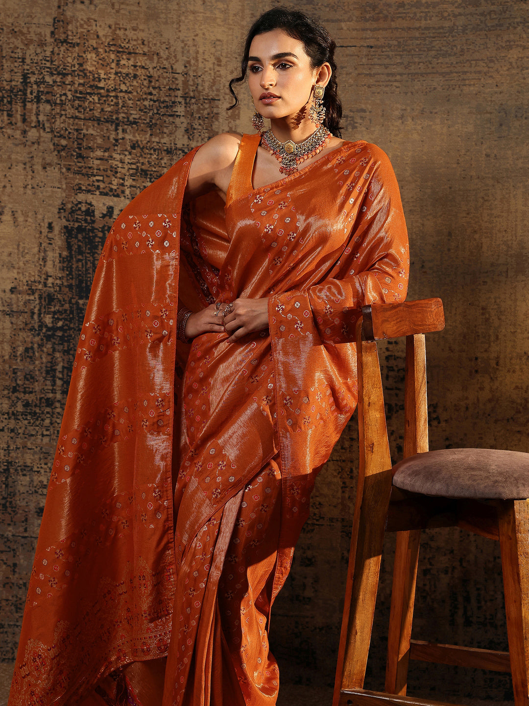Orange Woven Design Silk Blend Saree With Unstitched Blouse Piece