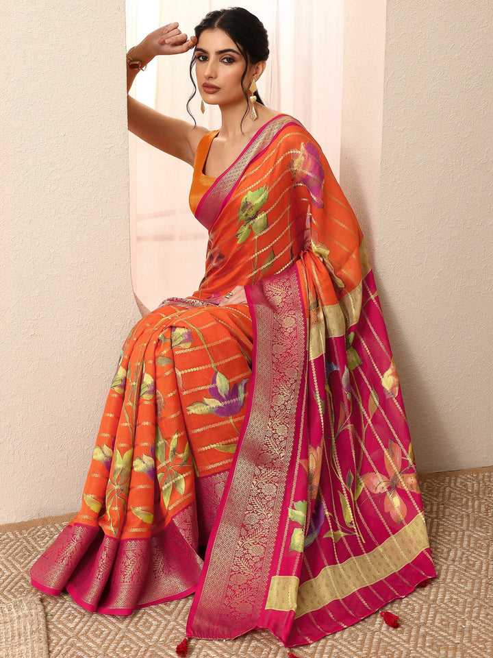 Orange Woven Design Silk Blend Saree With Unstitched Blouse Piece