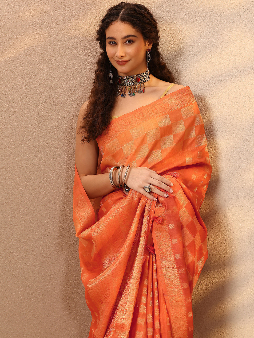 Orange Woven Design Silk Blend Saree With Unstitched Blouse Piece