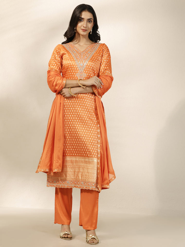 Orange Woven Design Silk Blend Straight Suit Set With Dupatta